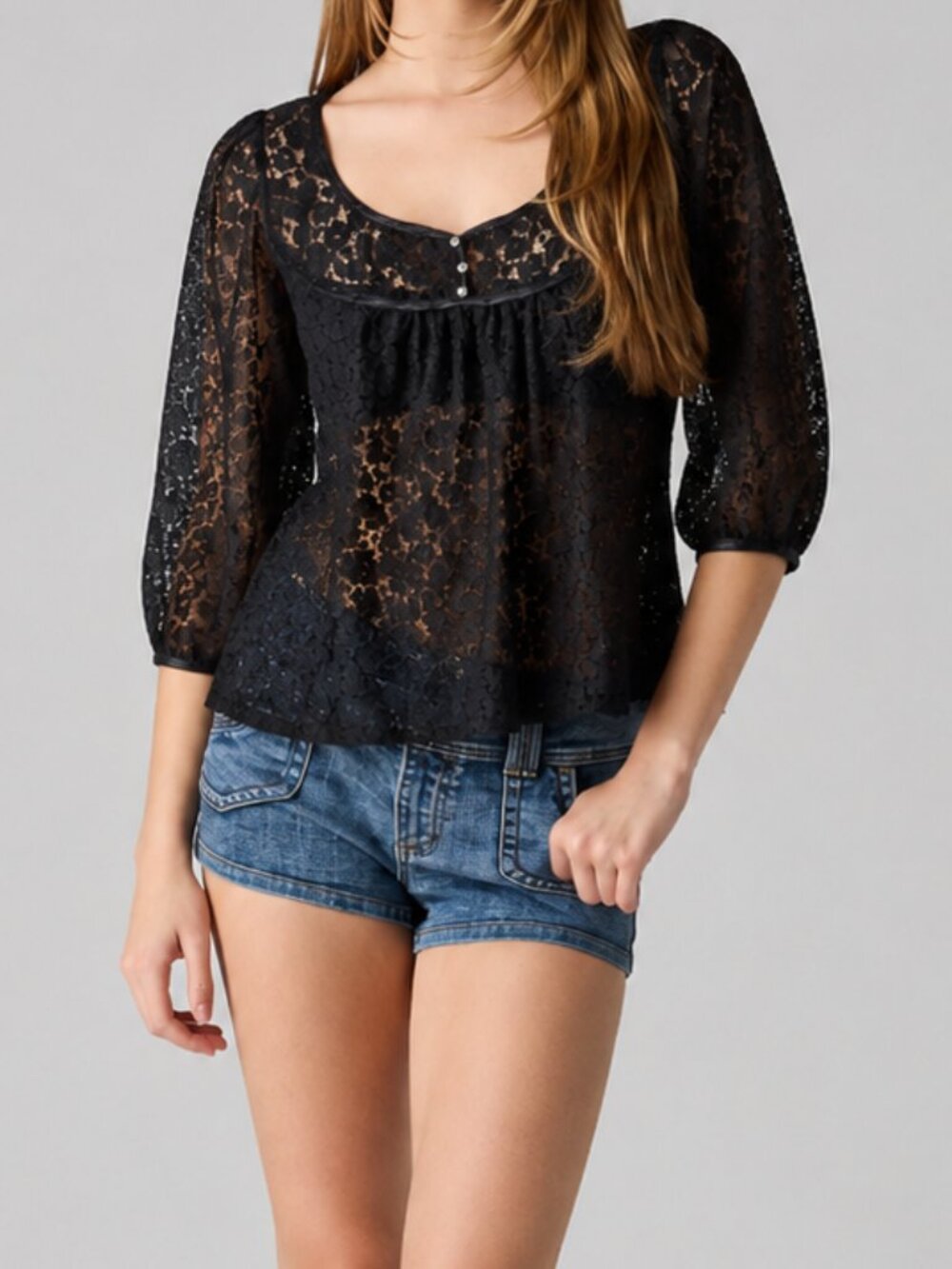 🖤 3/$20 Forever 21 Y2K Style Lace Yoke Front Peasant Blouse